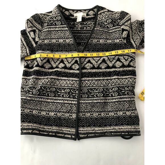 H&M Womens Size 2 Open Cardigan Faux Leather Tie Trim Aztec Black Tweed #4192 - Picture 10 of 10